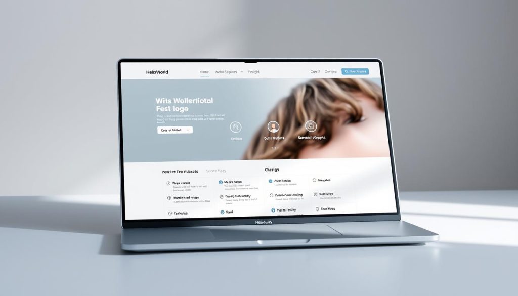 A detailed user interface of the HelloWorld free version, showcasing its key features and functionality. The interface is displayed on a sleek, modern-looking laptop against a minimalist, light-colored background, bathed in soft, diffused lighting from the side. The UI elements are crisp, well-organized, and intuitive, with clean typography and intuitive icons. The overall mood is professional, polished, and inviting, conveying the ease of use and accessibility of the free HelloWorld software.