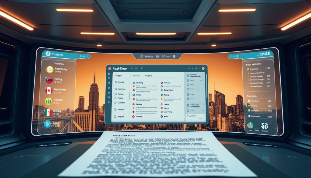 A futuristic software interface showcasing the real-time translation feature. In the foreground, a document or text is being translated seamlessly, with vibrant language icons and fluid animations. The middle ground depicts a clean, minimalist workspace with a large central display panel, surrounded by various translation tools and settings. The background features a city skyline or abstract geometric patterns, symbolizing the global, interconnected nature of the translation technology. Warm, diffused lighting creates a sense of sophistication and productivity. The overall scene conveys the efficiency, versatility, and seamless user experience of the HelloWorld translation software.