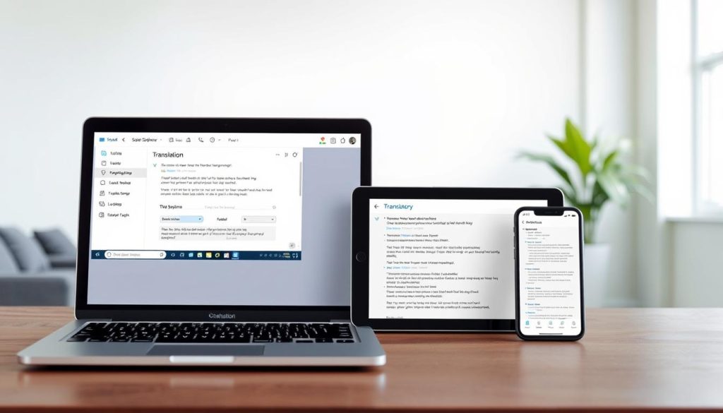 A sleek, modern interface displaying a seamless cross-platform translation experience. In the foreground, a laptop screen showcases a clean, intuitive user interface with translation options and controls. The middle ground features a tablet and smartphone, mirroring the laptop's interface, highlighting the software's multi-device compatibility. The background depicts a minimalist, well-lit office setting, with a hint of natural light filtering in, creating a bright and professional atmosphere. The overall composition emphasizes the effortless transition between devices, conveying the 'no-hassle' translation experience the software provides.