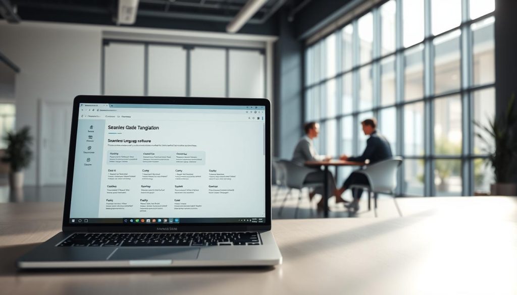 A sleek, modern office space showcasing the advanced features of an enterprise-grade translation software. In the foreground, a laptop screen displays the software's intuitive user interface, highlighting seamless language conversion capabilities. The middle ground features a team of professionals collaborating around a conference table, demonstrating the tool's collaborative features. The background is illuminated by large windows, creating a bright, airy atmosphere that exudes professionalism and productivity. The lighting is soft and diffused, accentuating the clean lines and minimalist design of the space. The overall scene conveys the power and efficiency of the translation software, making it an invaluable asset for businesses of all sizes.