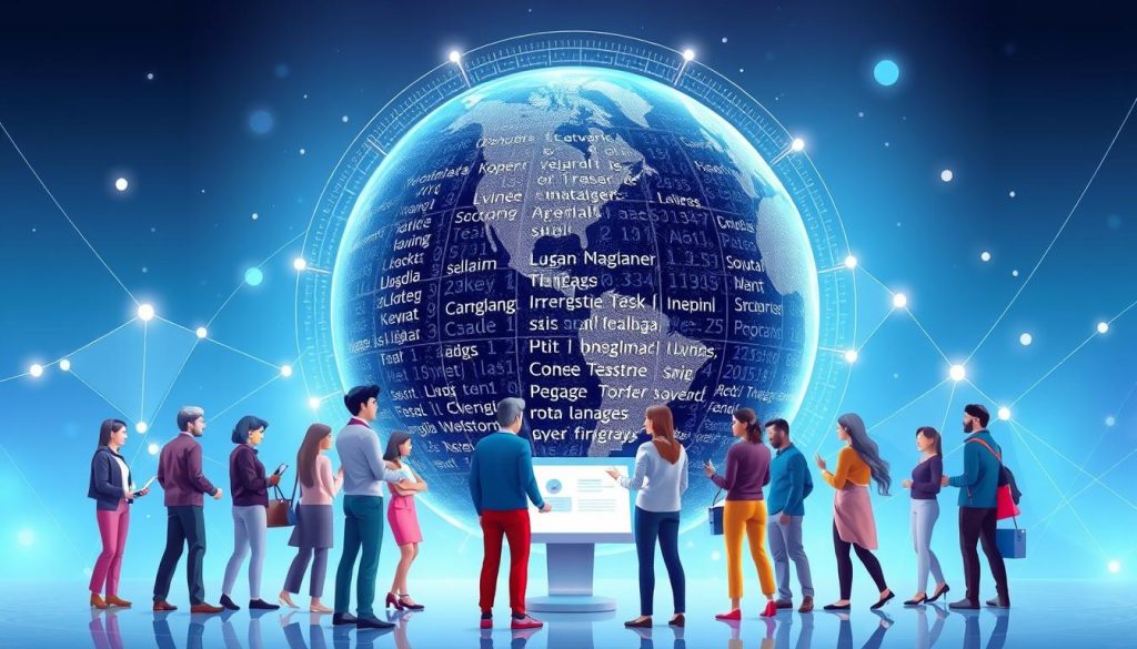A vibrant, futuristic illustration showcasing the core multilingual translation capabilities of the HelloWorld software. In the foreground, a diverse group of people interact with a sleek, holographic interface, effortlessly translating text between various languages. The middle ground features a dynamic, 3D globe pulsing with data streams, representing the software's global reach and real-time translation power. In the background, a backdrop of abstract geometric shapes and gradients in a cool, metallic color palette conveys a sense of advanced technology and innovation. Subtle lighting effects and a clean, minimalist design aesthetic lend an air of sophistication to the scene.